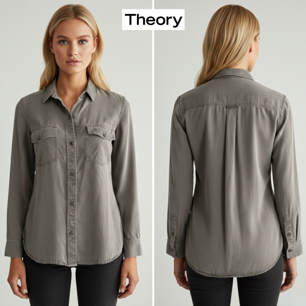 Theory Olive Grey Tencel Rolled Sleeve Button Down Utility Shirt Size P XS